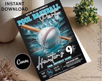 Pool Baseball Party Invitation, Splash Bat Birthday Card, Teens Water Game Sports Bash Invite Editable Canva Download