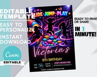 Inbjudan till flickornas hopppark, inomhusaktivitetsfest för barn, neonsportlekplats, redigerbar canvas direktnedladdning