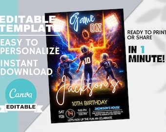 Neon American Football Geburtstagseinladung, Spieltag Sportparty, Teen Boys bearbeitbare Canva Sofort-Download