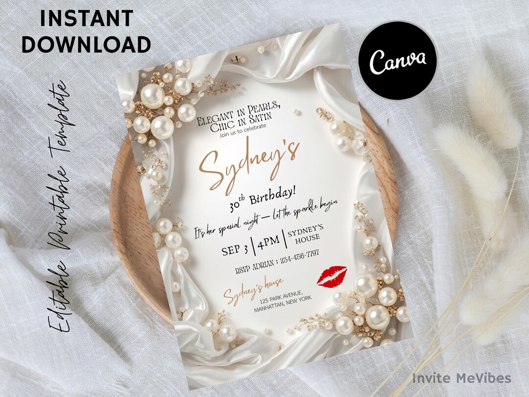 Gold Pearl Birthday Invitation, Elegant Satin Party,Luxury White and Champagne Invite for 
