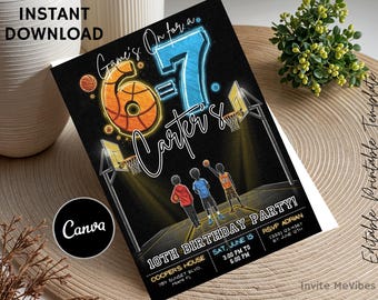 May include: Black basketball-themed birthday party invitation with the text "Game's On for a 6-7 Carter's 8". The invitation features basketball hoops, players, and the text "10th Birthday Party". Includes "Instant Download" and "Canva" text.