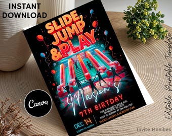 Inbjudan till födelsedag för inomhusrutschkana, hoppfest för lekplats, hopphus i neonstad, redigerbar Canvas-mall, digital nedladdning