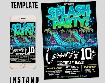 May include: An editable Canva template for a splash party birthday bash. The design features a water park scene with water slides, palm trees, and the text "Splash Party!" and "Connor's 10th Birthday Bash!" displayed on a smartphone and a flyer.