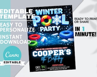 Winter Pool Party Birthday Invitation for Boys, Indoor Swimming Invite, Kids Swim Theme Event, Editable Canva Instant Digital Download
