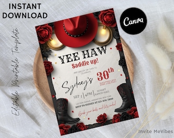 Luxury Western Birthday Invitation | Red & Black Cowgirl Party | Rustic Rodeo Boots and Roses Editable Canva Template Digital Download
