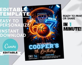 May include: A basketball-themed birthday invitation with a black background. The design features a basketball, hoop, and the text "Now I'm 7". The invitation includes the text "Join us to celebrate Cooper's 7th Birthday".