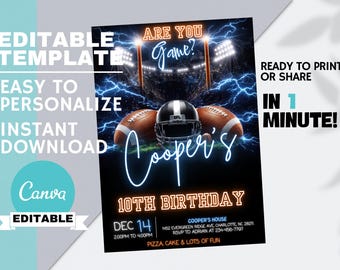 Neon Football Geburtstagseinladung, Stadion Sportparty, Teen Boy Spielzeit einladen bearbeitbare Canva Vorlage, sofortiger digitaler Download
