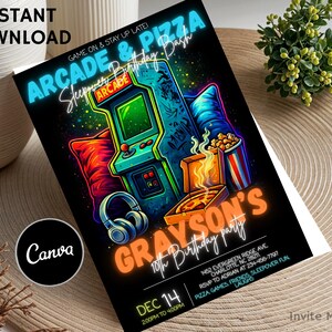 May include: A black invitation card with neon graphics for an arcade and pizza-themed birthday party. The design includes an arcade machine, pizza, popcorn, and headphones. Text includes "Arcade & Pizza Sleepover Birthday Bash" and "Grayson's 10th Birthday Party".