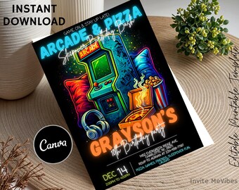 May include: A black invitation card with neon graphics for an arcade and pizza-themed birthday party. The design includes an arcade machine, pizza, popcorn, and headphones. Text includes "Arcade & Pizza Sleepover Birthday Bash" and "Grayson's 10th Birthday Party".