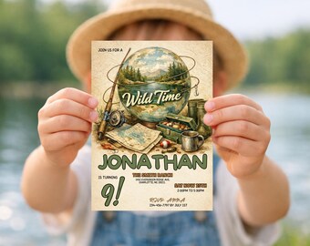 May include: A child holds a vintage-style invitation. The invitation features a globe with a fishing scene, a fishing rod, and the words "Wild Time" and "Jonathan". The invitation also includes the text "is turning 9!"