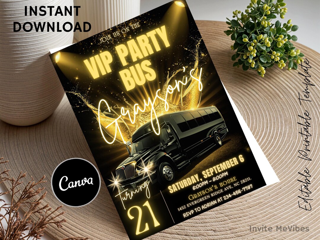 VIP Party Bus Birthday Invitation, Luxury Gold Champagne Bday Card ...