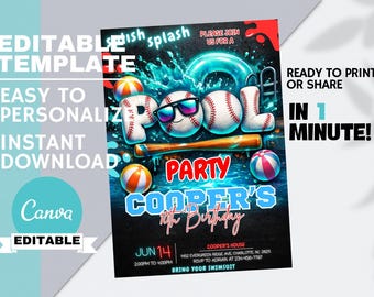 May include: A party invitation with a baseball theme. The word "POOL" is spelled out with baseballs and sunglasses. The invitation includes the text "Party", "Cooper's 10th Birthday", and "Bring your swimsuit". The invitation is editable and ready to print.