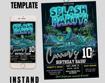 May include: A digital invitation template for a splash party, featuring a neon-style design with water slides and palm trees. The invitation is for Connor's 10th birthday bash, with event details and RSVP information. The words "Editable Canva Template" and "Instant Download" are also visible.