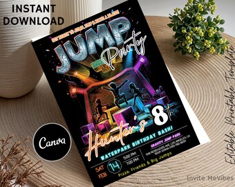 Jump Park-Geburtstagseinladung, Neon-Trampolin-Party, Hüpf-Abenteuer für Kinder einladen bearbeitbare Canva Download