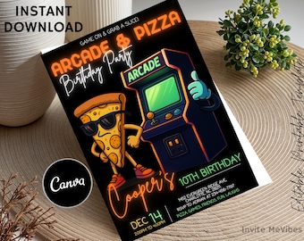 May include: Black invitation card with the text "Arcade & Pizza Birthday Party". The design features a cartoon pizza slice wearing sunglasses and an arcade machine. The card is for a 10th birthday party.