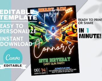 Ready Aim Party Birthday Invitation, Neon Dart Battle Theme, Boys Action Party Editable  Canva Instant Download