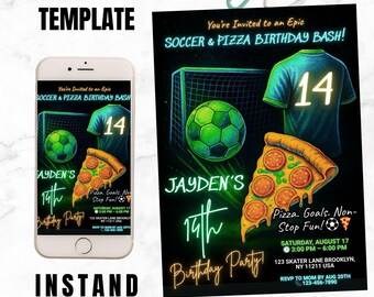 May include: A digital invitation template for a soccer and pizza-themed birthday party. The design features a soccer ball, a jersey with the number 14, and a pizza slice. The text reads "Jayden's 14th Birthday Party" and includes event details.