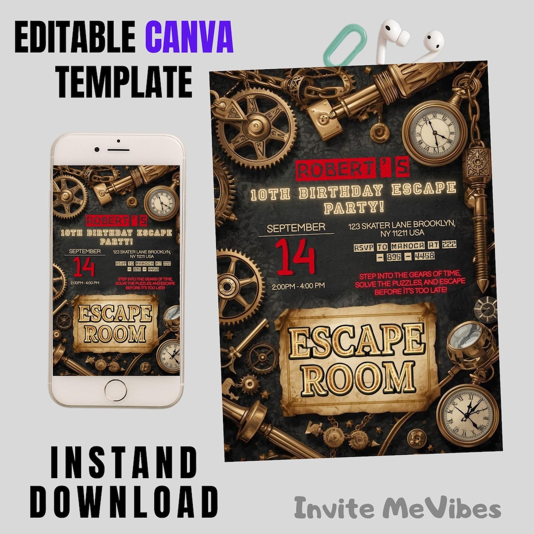 Steampunk Escape Room Birthday Invitation, Mystery Puzzle Party Card ...