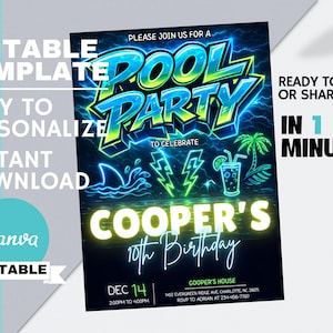 May include: A vibrant pool party invitation with neon blue and green text. The design includes a shark, lightning bolts, a tropical drink, and a palm tree. The invitation is for Cooper's 10th birthday and is editable.