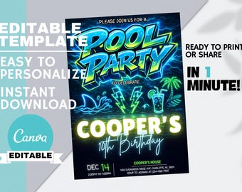 Teen Boys Pool Birthday Invitation, 10th Electric Summer Celebration Card, Neon Lightning Theme, Editable Canva Template Instant Download