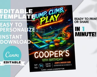 Jump Party Birthday Invitation, Indoor Play Center Theme, Teen Boys Kids, Editable Canva Instant Digital Download