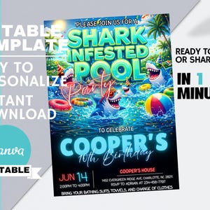 May include: A colorful party invitation with the text "Shark Infested Pool Party" featuring cartoon sharks in a pool. The invitation is for Cooper's 10th birthday and includes event details and Canva branding.