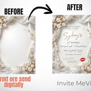 May include: An invitation design with a white satin background, adorned with pearls and gold accents. The text reads "Sydney's 30th Birthday!" with event details. The design includes a red lipstick graphic.