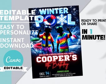 Editable Winter Pool Party Birthday Invitation, Boys Indoor Swimming Invite, Kids Swim Theme Event, Canva Instant Digital Download