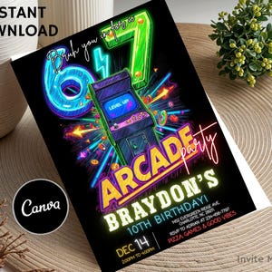 May include: A black invitation card with a neon arcade theme. The design features a large "67" with a lightning bolt, an arcade machine, and the text "ARCADE party BRAYDON'S 10TH BIRTHDAY!" The card includes event details.