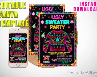 Può includere: Un modello di invito per un "Ugly Sweater Party" con un design festivo. L'invito presenta una grafica a maglione in stile neon, alberi di Natale e renne su sfondo nero. Uno smartphone mostra l'invito.