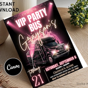 Può includere: Un invito a una festa nero e rosa con il testo "VIP PARTY BUS" e "Grayson's Turning 21". L'invito presenta una grafica di un party bus e un bicchiere di champagne. Sono visibili anche le parole "Download istantaneo" e "Canva".