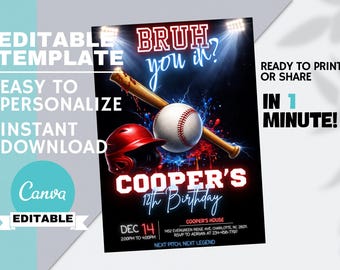 Bruh You In Baseball Drip Birthday Invitation,  Game Time Sports Party, Teen Boys  Invite Editable Canva Template, Instant Digital Download
