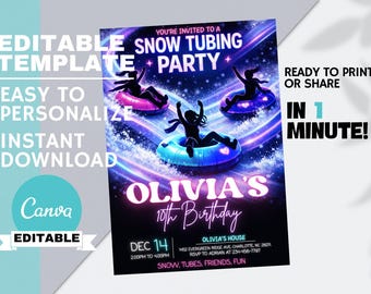 Teen Snow Tubing Birthday Invitation, Girls Winter Adventure Party, Neon Ski Tube Invite, Editable Canva, Instant Digital Download