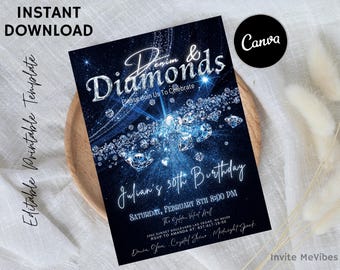 Faire-part d'anniversaire diamant denim, événement de conception de cristal bleu, mise en page sur le thème de la nuit, toile modifiable à télécharger