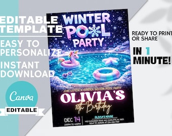 Editable Winter Pool Party Birthday Invitation, Girl Indoor Swimming Invite, Kids Cold Season Theme Canva Instant Digital Download