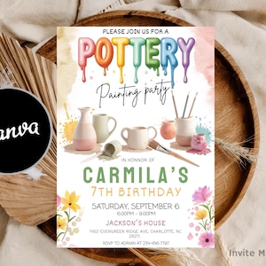May include: A colorful pottery painting party invitation. The design features the word "POTTERY" in dripping rainbow colors, pottery tools, and the text "CARMILA'S 7TH BIRTHDAY". The invitation is a printable template.