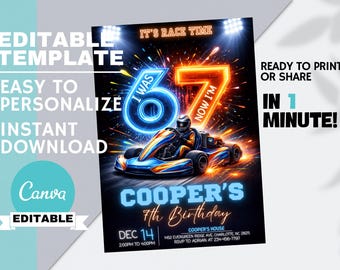 May include: A digital invitation for a birthday party with a go-kart theme. The design features a go-kart, the text "I was 6, now I'm 7", and the name "Cooper's" in neon blue. The date is December 14.