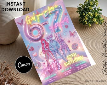 May include: A printable birthday party invitation with a colorful design. The invitation features the text "Girl you in for a 7th Birthday party" with illustrations of three girls, butterflies, and hearts. The Canva logo is visible.
