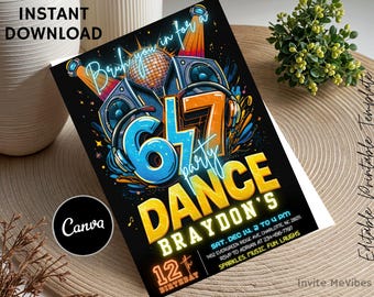 May include: A vibrant invitation for a 12th birthday dance party. The design features a black background with neon blue and orange graphics of speakers, a disco ball, and headphones. Text includes "67 party dance" and event details.