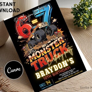 May include: A black invitation card with a monster truck theme. The card features a monster truck graphic, the text "Monster Truck Birthday Party," and details for a 10th birthday celebration. The card also includes the text "Instant Download" and the Canva logo.