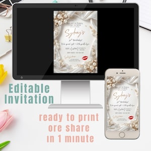 May include: A computer monitor and smartphone display a birthday invitation with a pearl and satin design. The invitation includes the name "Sydney's", event details, and a red lipstick graphic. Text on the screen reads "Editable Invitation".