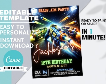 Bewerkbare Dart Battle-verjaardagsuitnodiging, Neon Blaster Game Party-thema, Boys Action Arena Canva Instant Download