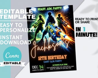 Editable Dart Blaster Birthday Invitation, Neon Action Game Party Theme, Tween Boys Canva Instant Download