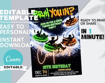 Teen Boys Snow Tubing Birthday Invitation, Winter Adventure Party, BRUH YOU IN?  Ski Tube Invite, Editable Canva, Instant Digital Download