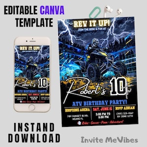 May include: An editable Canva template for an ATV birthday party invitation. The design features a black and yellow ATV, a rider, and lightning bolts. The invitation includes the text "Rev It Up!" and party details.