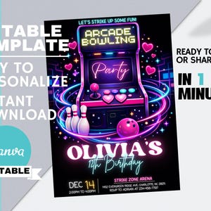 May include: A black party invitation with a neon arcade game design. The invitation features the text "Arcade Bowling Party" and "Olivia's 12th Birthday". The design includes bowling pins, a bowling ball, and hearts. The invitation is editable and available for instant download.