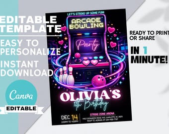 May include: A black party invitation with a neon arcade game design. The invitation features the text "Arcade Bowling Party" and "Olivia's 12th Birthday". The design includes bowling pins, a bowling ball, and hearts. The invitation is editable and available for instant download.