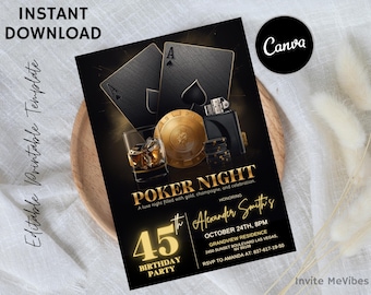 Black Gold Poker Night Invitation, Luxe Casino Birthday Party, Aces & Whiskey Theme, Editable Canva  Digital Download