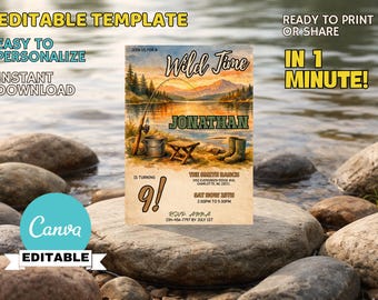Rustic Fishing Birthday Invite, Lake Party Invite, Outdoor Adventure Invitation Editable Canva Instant Download
