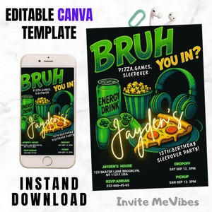 Gamer Sleepover Invitation for Boys, Neon Green Pizza Game Night Birthday Invite, Editable Teen Party Digital  Canva Template, BRUH You In?